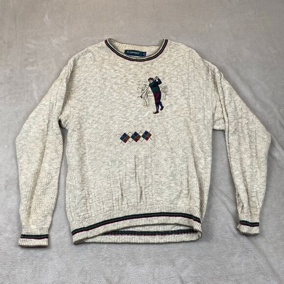 Carmel Mens Sweater Medium Pullover Knit Embroidered Vintage Golfer Argyle Beige - Picture 12 of 13